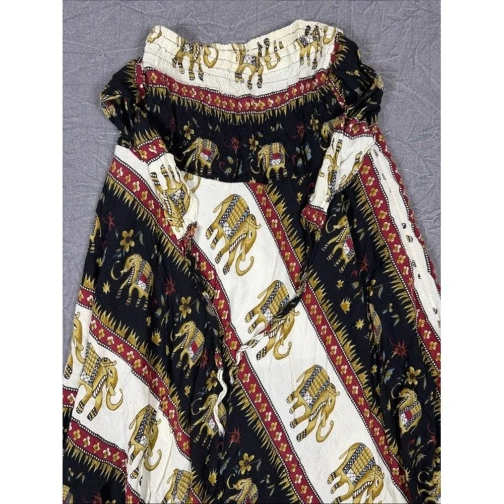 Unbranded Elephant Print‎ Smocked Boho Maxi Skirt Dress Black White Red 017